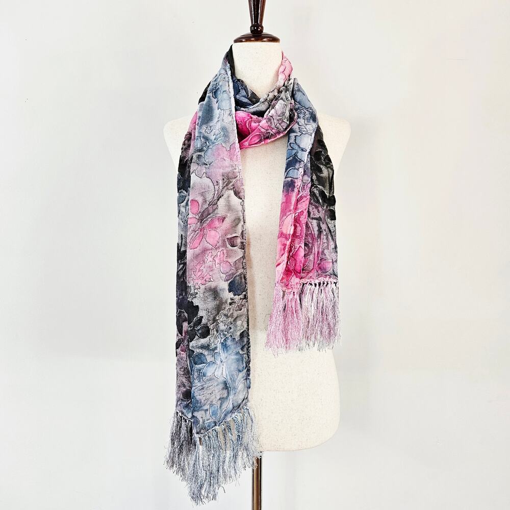 Y2k Velvet Burnout Scarf Pink Black Festival Wear Boho Fringe